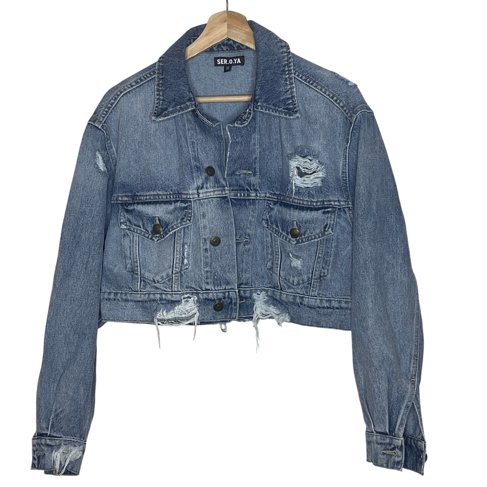SER.O.YA Distressed Denim Jacket XS Cropped Frayed Hem Ripped Blue Jean‎